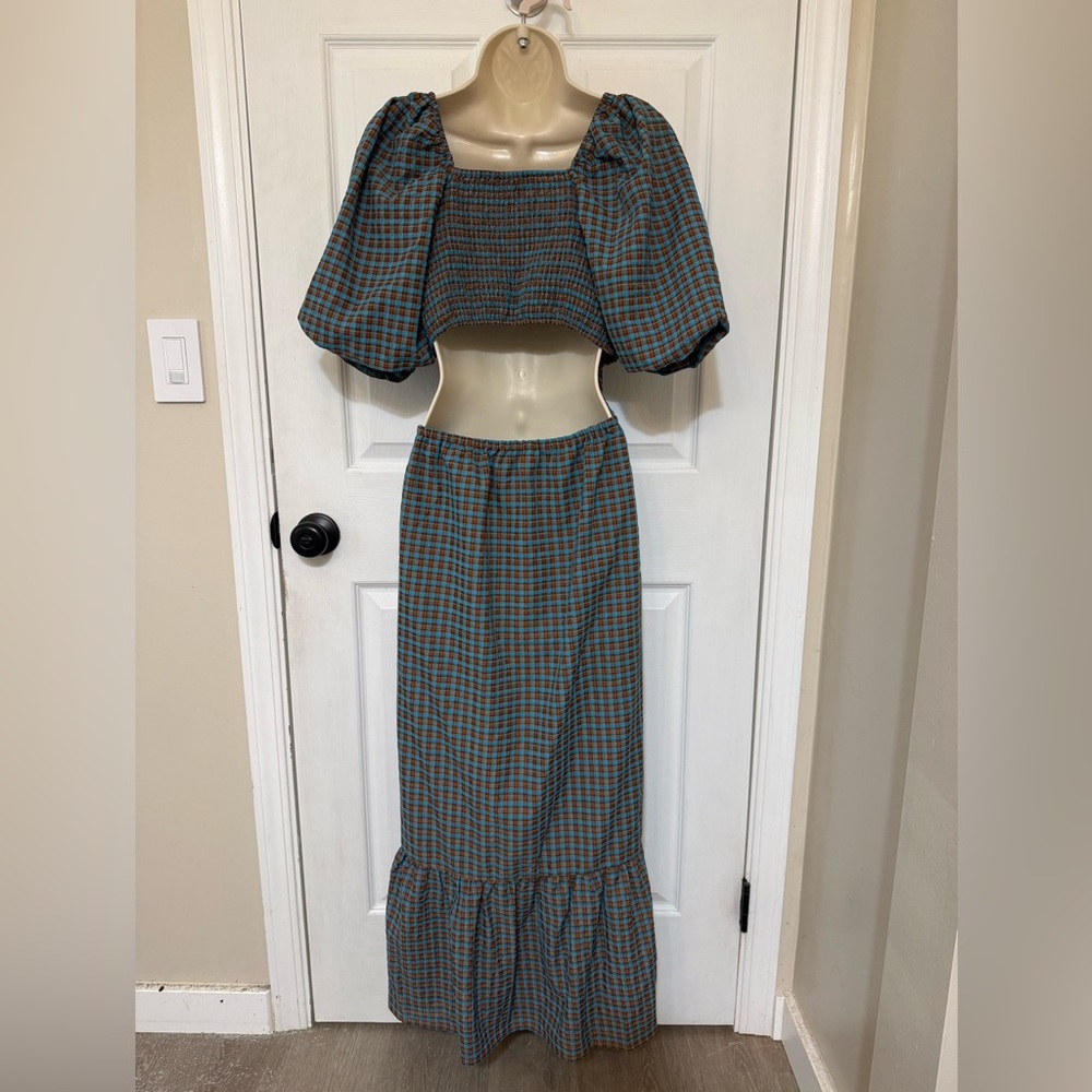 WAYF Plaid Smocked Puff Sleeve Maxi Dress Blue/Orange Size L - Picture 4 of 4